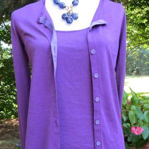 DONCASTER LAVENDER SWEATER SET SZ. M WITH GROSGRAIN RIBBON BUTTONS/TRIM
